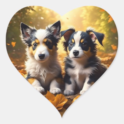 Two Cute Puppies Playing in Fall Leaves Heart Sticker