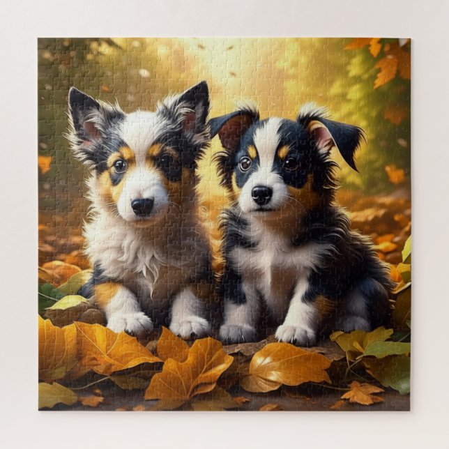 Two Cute Puppies Playing in Fall Leaves Jigsaw Puzzle (Vertical)