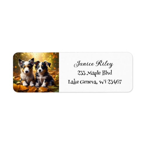 Two Cute Puppies Playing in Fall Leaves Label