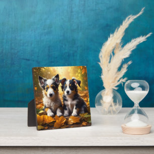 Two Cute Puppies Playing in Fall Leaves Plaque
