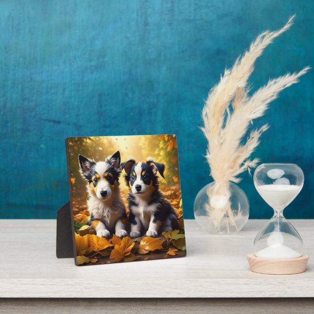 Two Cute Puppies Playing in Fall Leaves Plaque (Insitu)