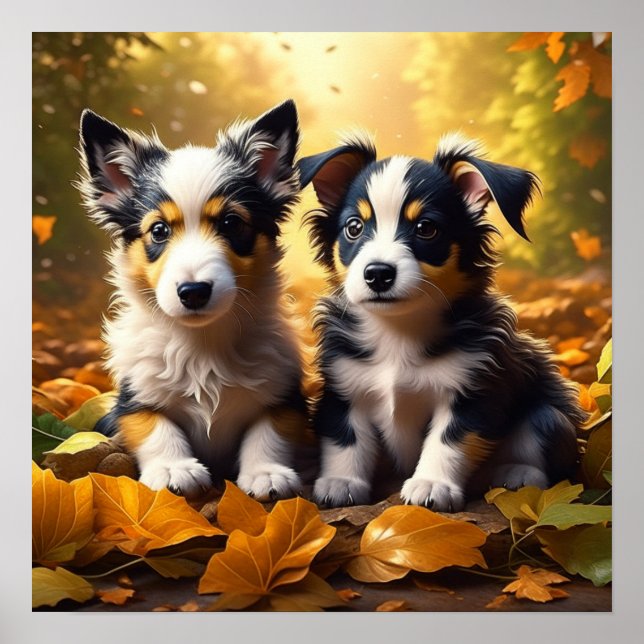 Two Cute Puppies Playing in Fall Leaves Poster (Front)