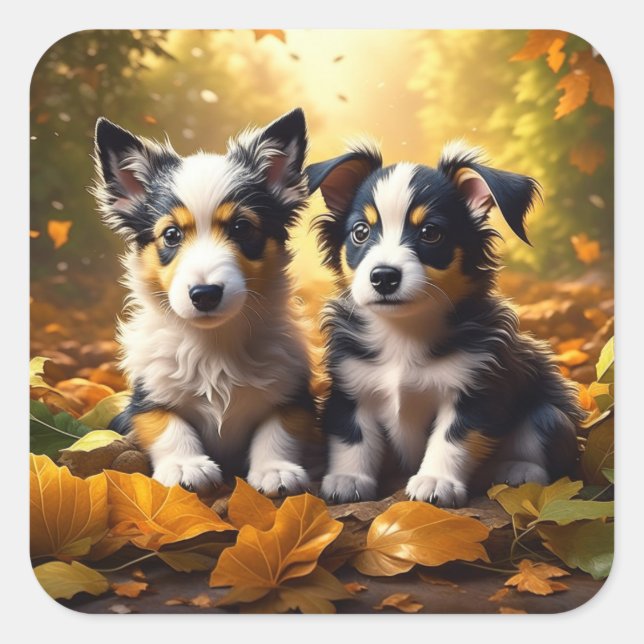 Two Cute Puppies Playing in Fall Leaves Square Sticker (Front)