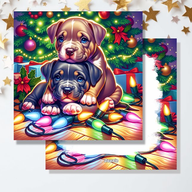 Two Cute Puppies Playing under the Christmas Tree Holiday Card (Creator Uploaded)