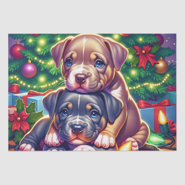 Two Cute Puppies Playing under the Christmas Tree Tissue Paper (Front)