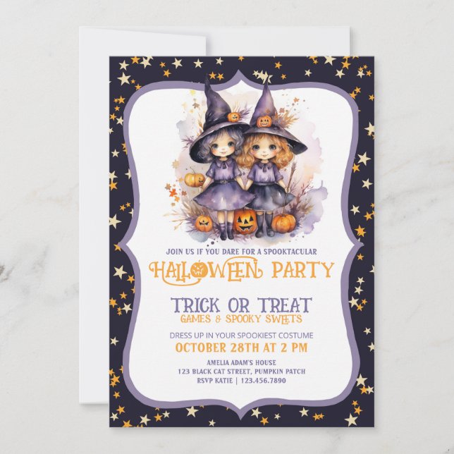 Two Cute Purple Watercolor Witches Invitation (Front)