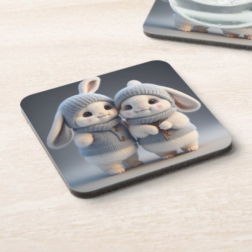 Two cute rabbits wearing knitted sweater and hat beverage coaster