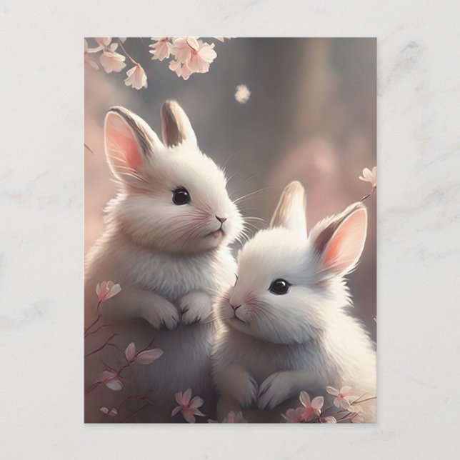 Two cute rabbits with cherry blossoms postcard (Front)