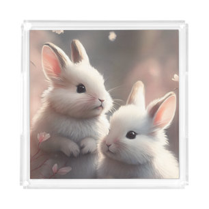 Two cute rabbits with sakura Acrylic Tray