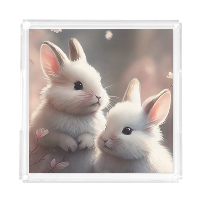 Two cute rabbits with sakura Acrylic Tray (Front)