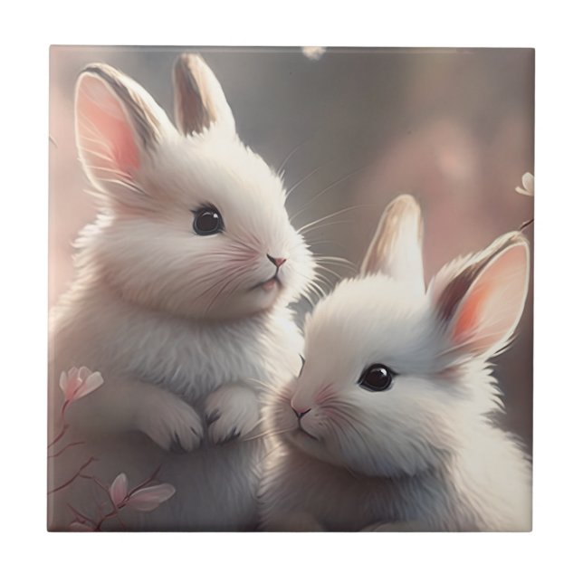 Two cute rabbits with sakura Ceramic Tile (Front)