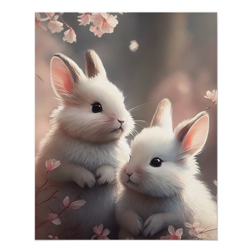 Two cute rabbits with sakura Glossy Poster