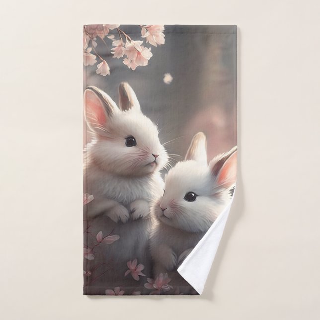 Two cute rabbits with sakura Hand Towel (Hand Towel)