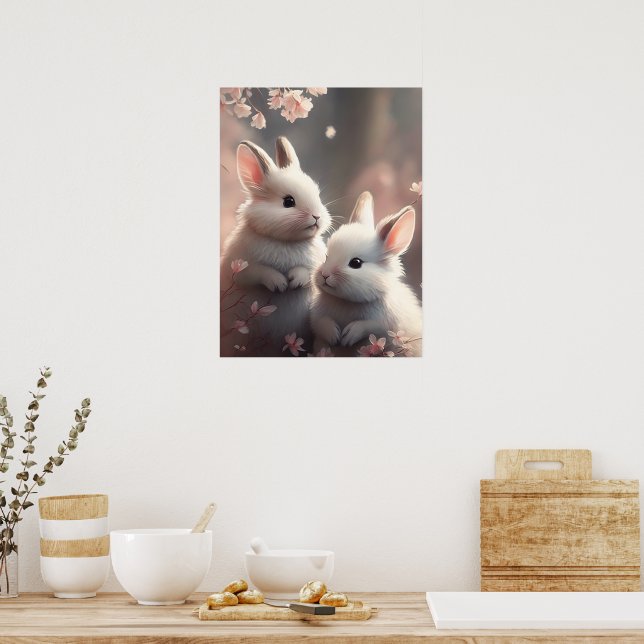 Two cute rabbits with sakura Poster (Kitchen)