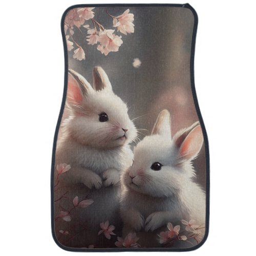 Two cute rabbits with sakura Set of Car Mats