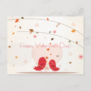 Two Cute Red Birds Happy Valentine Day Postcard