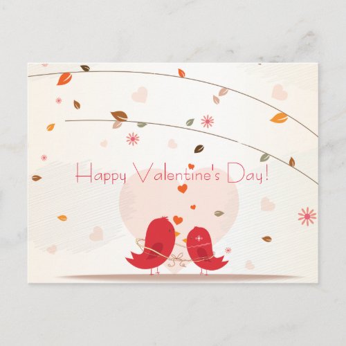 Two Cute Red Birds Happy Valentine Day Postcard