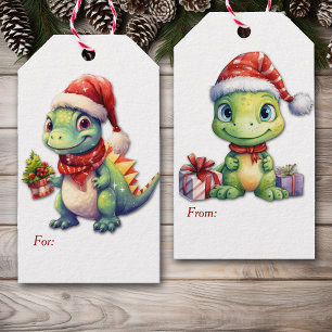 Two Cute Santa Hat Green Dinosaurs Christmas Gift Tags
