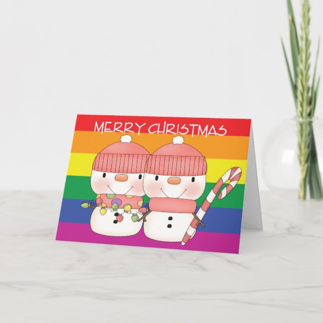 Two Cute Snowmen Lesbian Pride Christmas Holiday Card (Front)