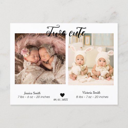 Two Cute Twins photo Birth announcement  Postcard