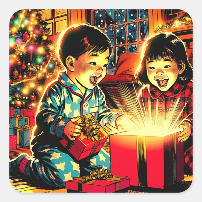 Two Cute Vintage Asian Children Christmas Square Sticker (Front)