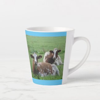 Two Cute White-Brown Cows Cust. Blue Latte Mug