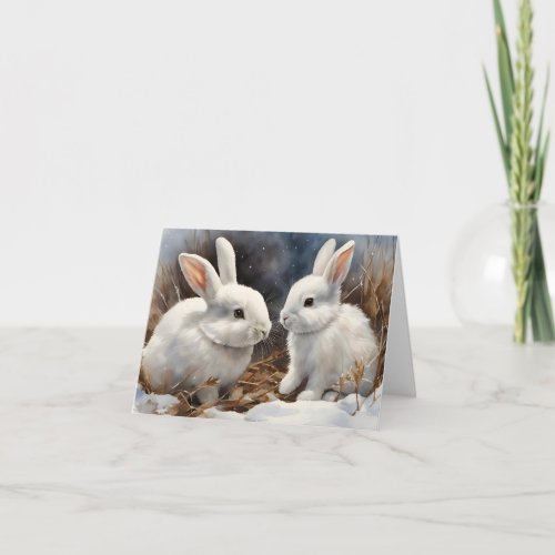 Two Cute White Bunny Rabbits in Snow Blank  Card