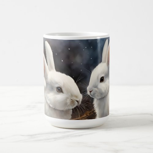 Two Cute White Bunny Rabbits in Snow Hot Cocoa  Coffee Mug