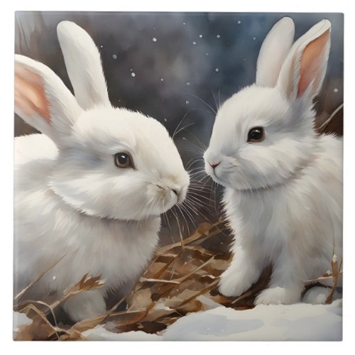 Two Cute White Bunny Rabbits in the Snow  Ceramic Tile