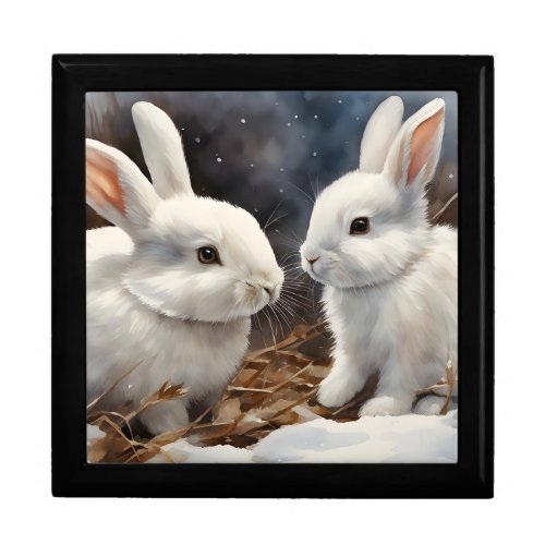 Two Cute White Bunny Rabbits in the Snow  Gift Box
