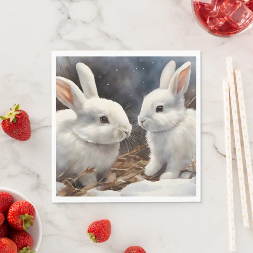 Two Cute White Bunny Rabbits in the Snow  Napkins