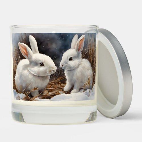 Two Cute White Bunny Rabbits in the Snow  Scented Candle