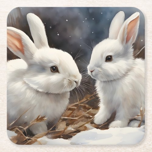 Two Cute White Bunny Rabbits in the Snow  Square Paper Coaster
