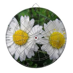 Two cute, white daisies dartboard with darts