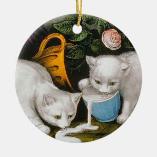Two Cute White Kittens spilling milk Ornament