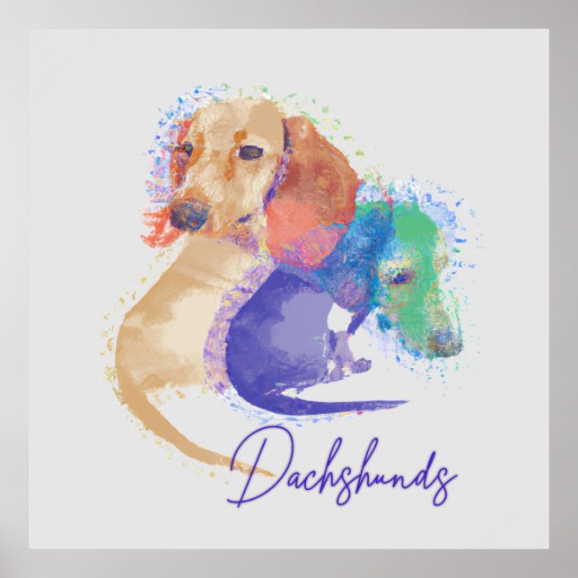 Two Dachshund Dogs Watercolor Cute Colorful Poster (Front)