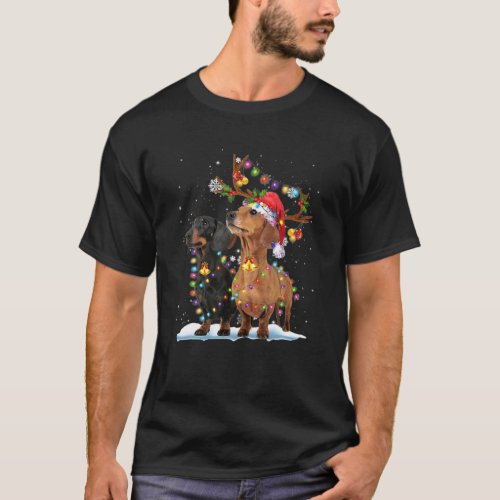 Two Dachshund Reindeer Christmas Lights Dog Xmas S T_Shirt