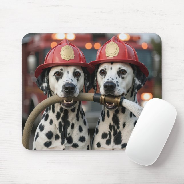 Two Dalmatian Dogs Holding a Fireman Hose Mouse Pad (With Mouse)