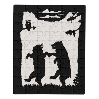 Two Dancing Bears Owl Black Silhouette on White Jigsaw Puzzle