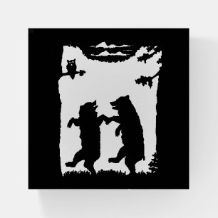Two Dancing Bears Under Trees Owl on Branch Paperweight