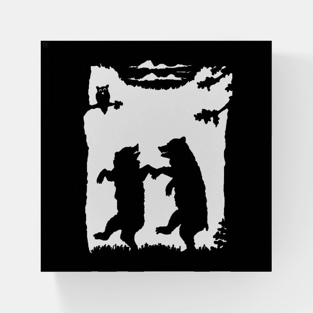 Two Dancing Bears Under Trees Owl on Branch Paperweight (Front)