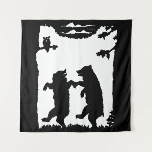 Two Dancing Black Bears Owl Trees Black Silhouette Tapestry