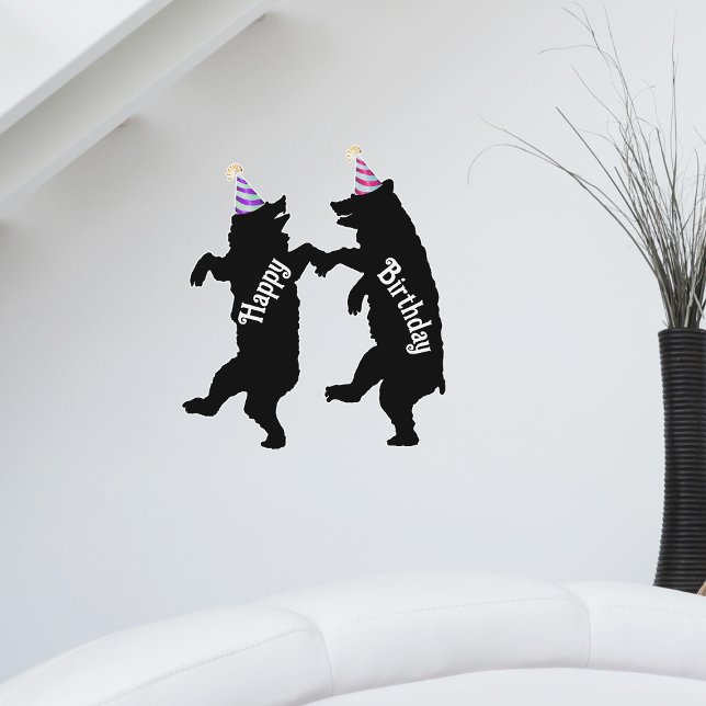 Two Dancing Black Bears Party Hats Birthday   Wall Decal (Two dancing Happy Birthday black bears festive party hats on wall decoration for birthday parties.)