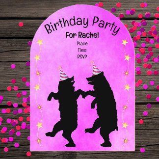 Two Dancing Black Bears Party Hats Gold Stars Pink Acrylic Invitations