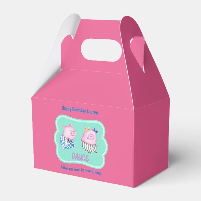 Two Dancing Pigs Personalized Text Happy Birthday Favor Boxes (Front Side)