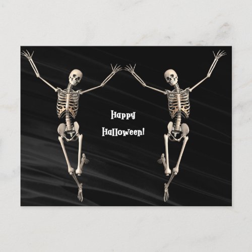 Two Dancing Skeletons Black Background Halloween Holiday Postcard