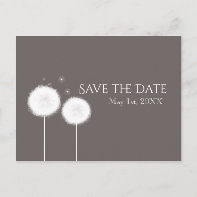 Two Dandelions Taupe Rustic Country Save the Date Announcement Postcard (Front)