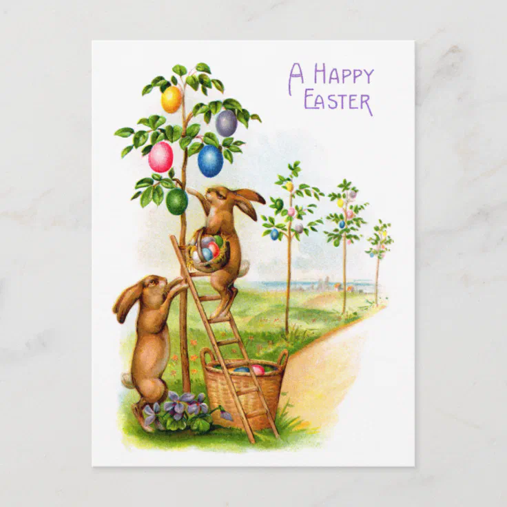 Two Decorating Rabbits Postcard | Zazzle