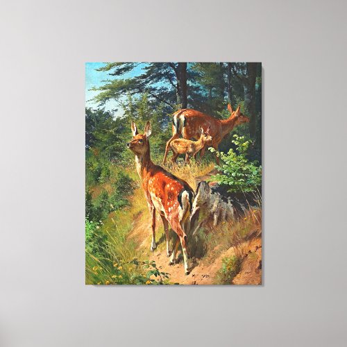 Two Deer And Cute Fawn In The Forest Canvas Print