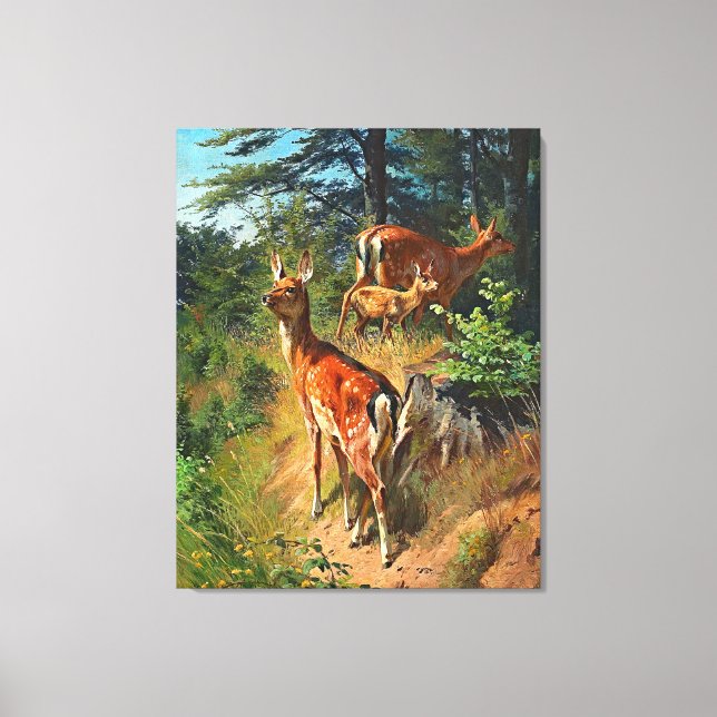 Two Deer And Cute Fawn In The Forest Canvas Print (Front)